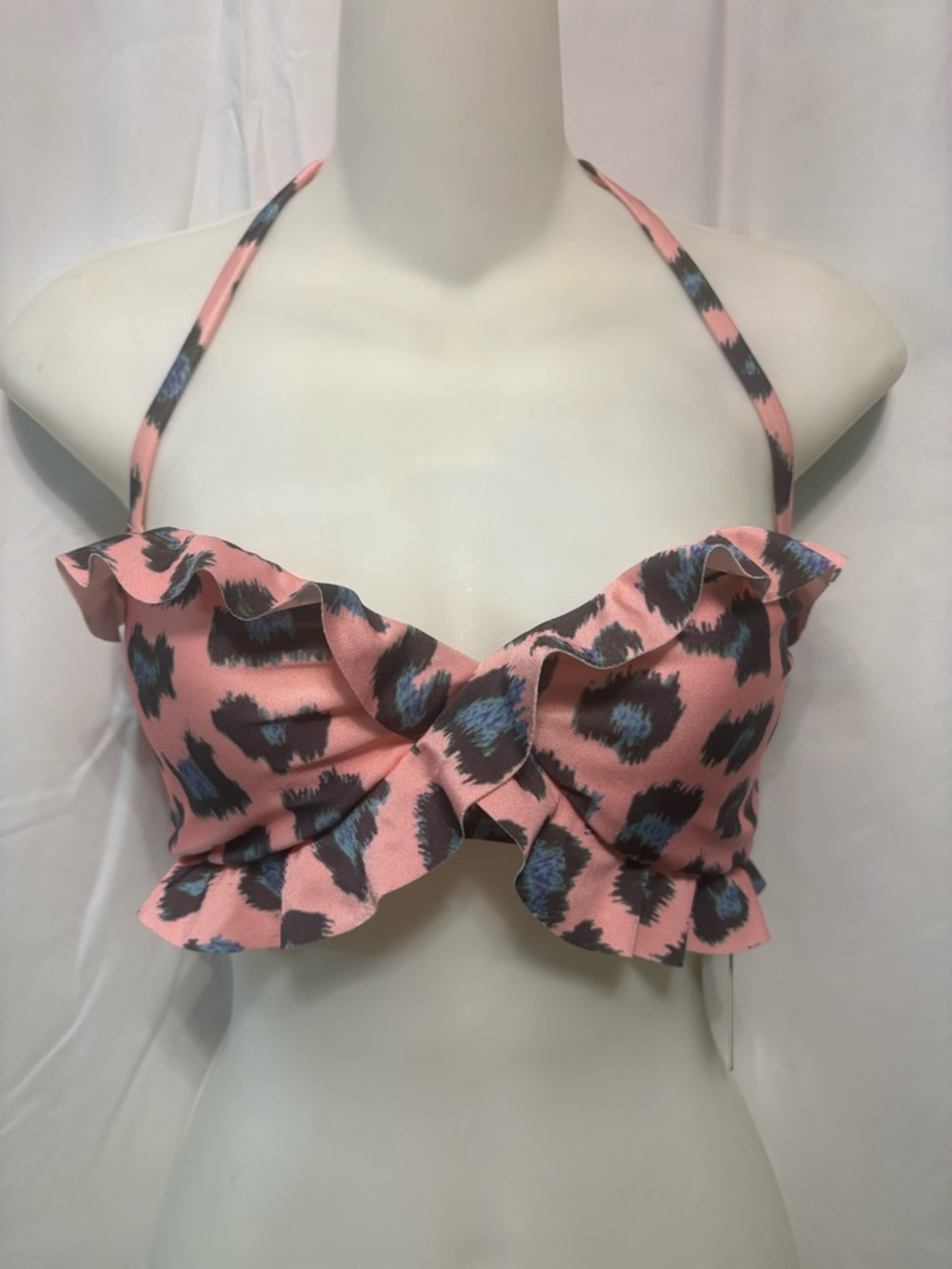 Wildfox Pink Leopard-Accent Ruffle Bikini Top